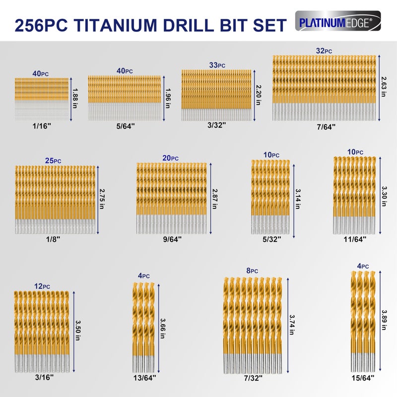 PLATINUMEDGE 276pc Titanium Twist Drill Bit Set with S2 Bits 135Â° Tip High Speed Steel, Size from 1/16" up to 1/2", Ideal in Wood Cast Iron Aluminum Alloy Plastic Fiberglass, Clear Lid Case - Image 3